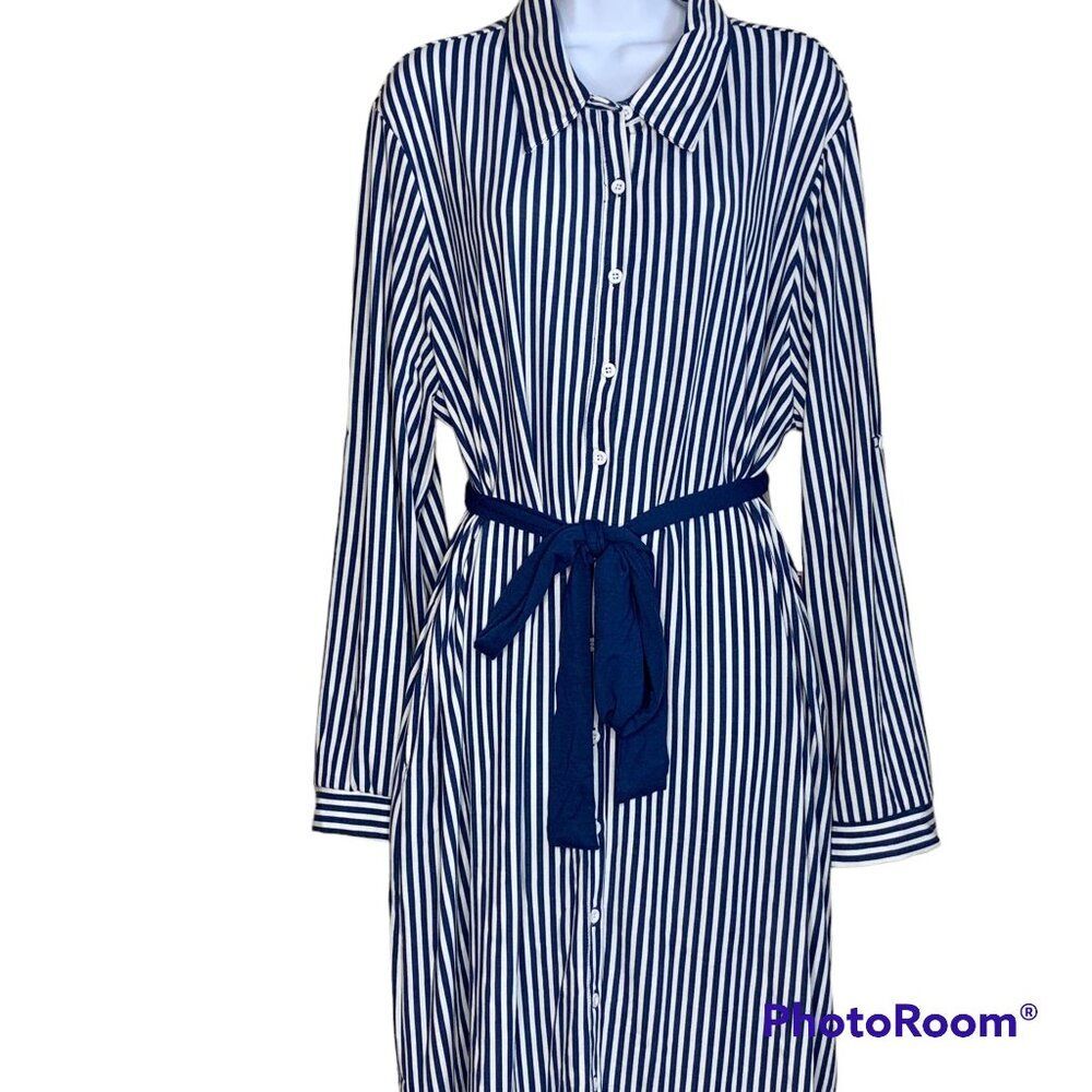 L LuLaRoe Navy Blue White Striped Button Front Shirt Dress Belt Long Sleeve Midi